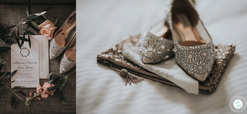 Badgley Mischka flat wedding shoes and wedding invitation details a the logan hotel in philadelphia 