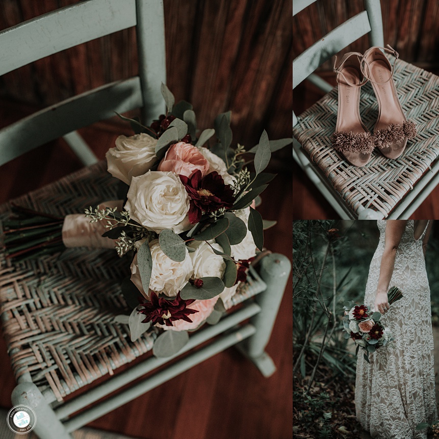 flower and shoe details of a wedding in rehoboth beach delaware. Wedding bouquet with pink and white roses with burgundy accents 
