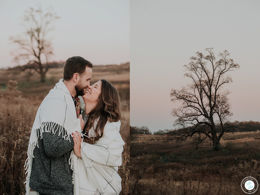 couple photo in the field at Longwood gardens at sunset in the fall
