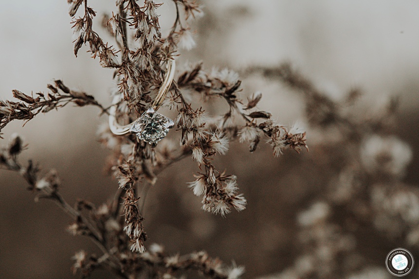 close up shot of an engagement ring in the fall brush