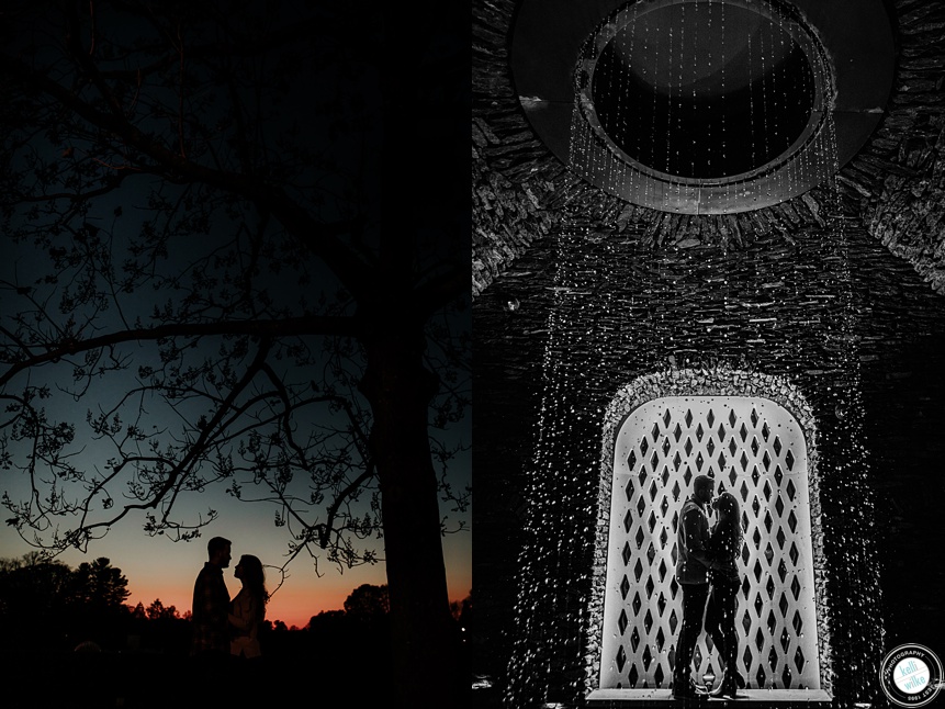 dramatic photos for a couple's engagement session at sunset and at the grotto in Longwood gardens
