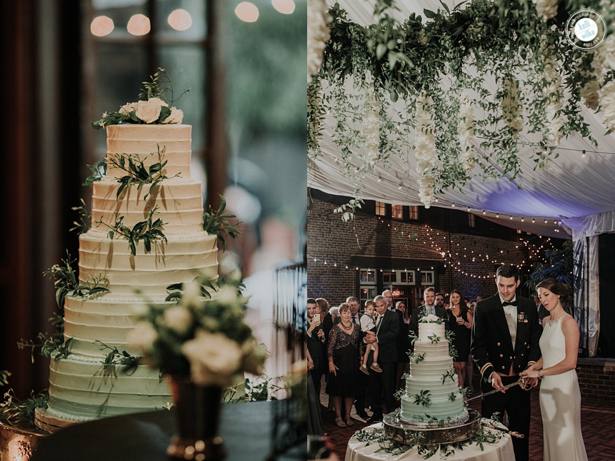 green and white wedding cake made by Greenville Country Club pastry chef being cut by a military sword