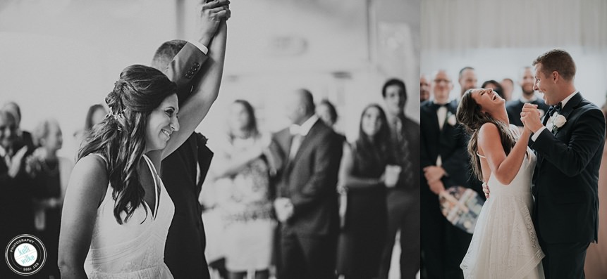 couple laughs during their first dance at their Penn Oaks wedding reception in west chester pa