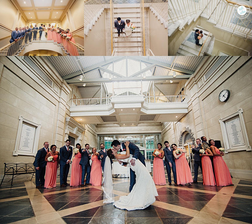 wedding party photos at the indoor atrium at winterthur 