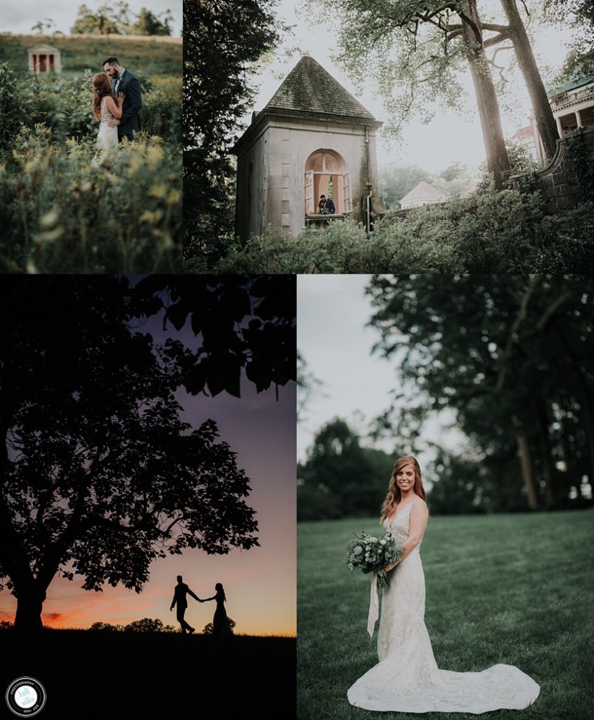 kissing tower and outdoor grounds used for portraits of wedding couples at Winterthur