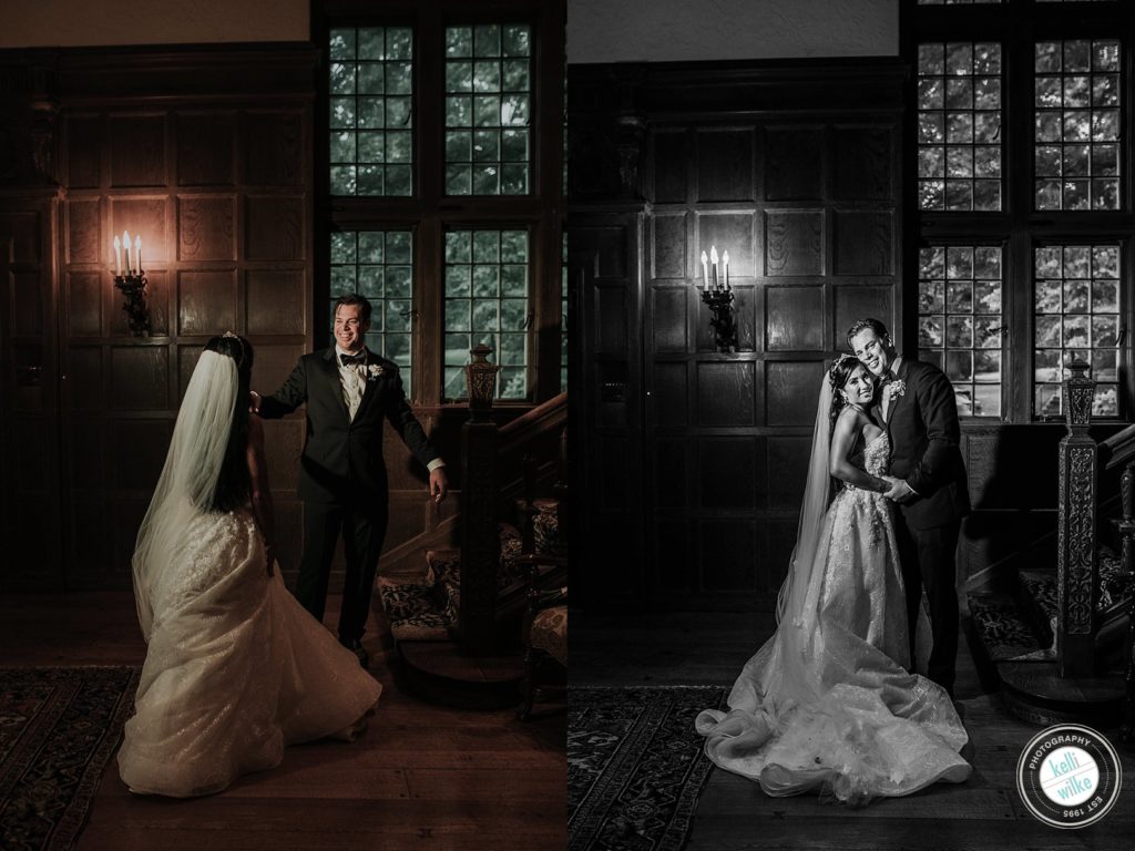 Couple poses in the lobby at Greenville Country Club in Greenville Delaware at their wedding ceremony
