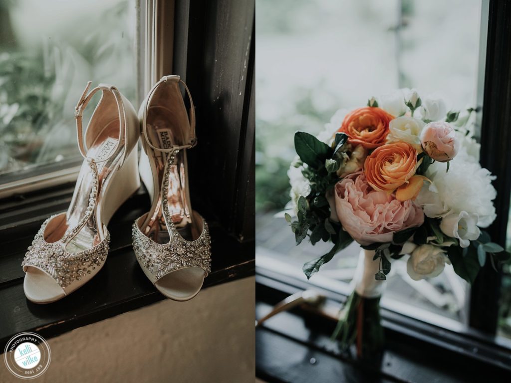 Sweet wedding bouquet with peonies at Greenville Country Club in Greenville DE by Flowers by Yukie and wedding shoes by Badgely Mischka beaded wedges 