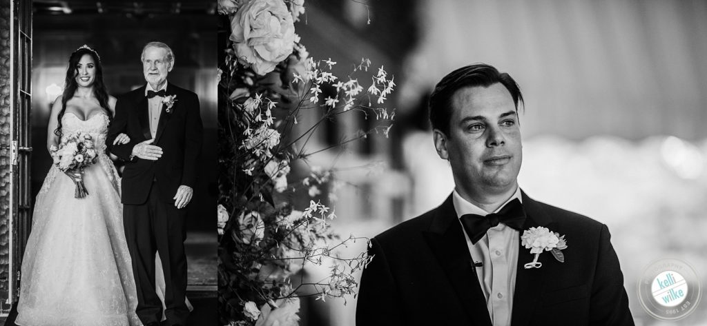 Father of the bride walks his daughter down the aisle and the groom sees his future bride in her dress the first time at Greenville Country Club in Greenville DE