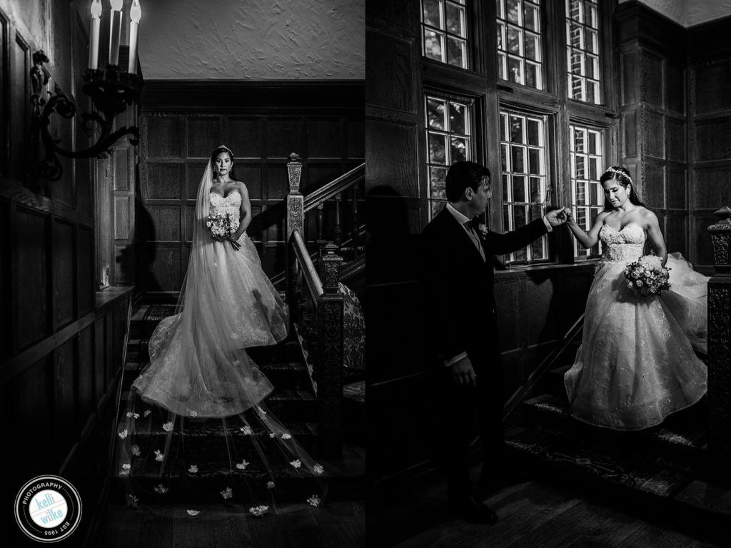 Bride and groom on the stairs at Greenville Country Club in Greenville Delaware at their wedding