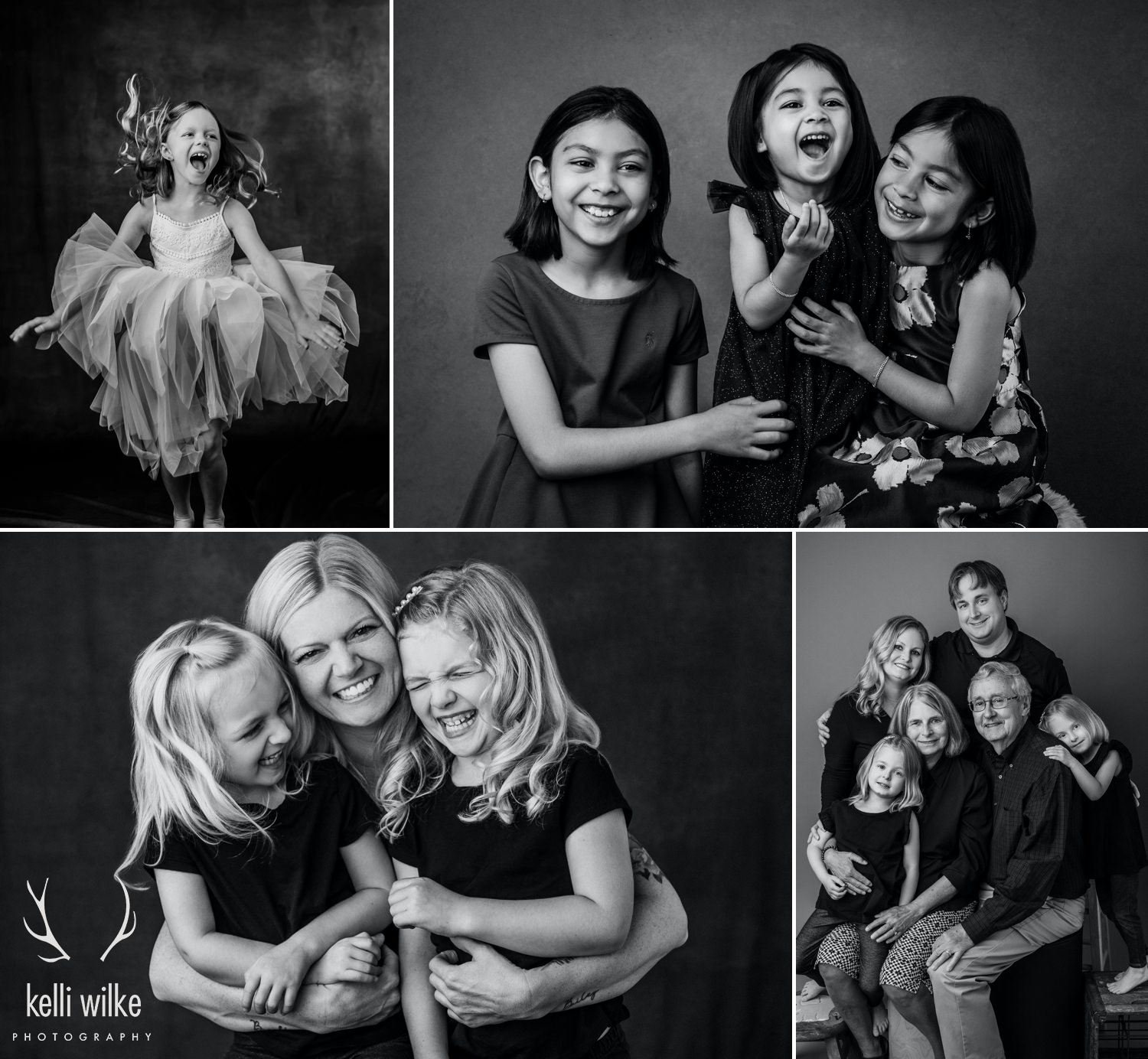 A collage of 4 black and white photos of young children with their families taken by Kelli Wilke Photography. 