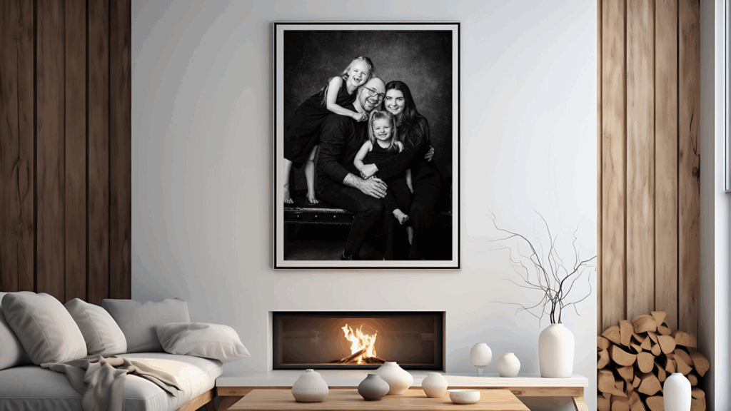 Professional family photographer in action during a black and white session