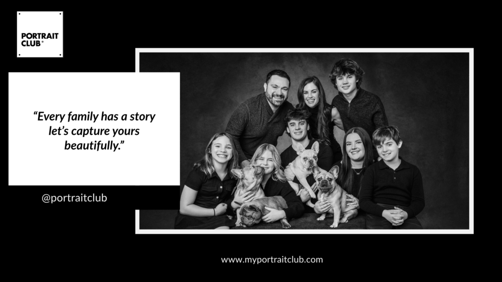 Family and pet posing in studio portrait wearing coordinated dark tones and layers.