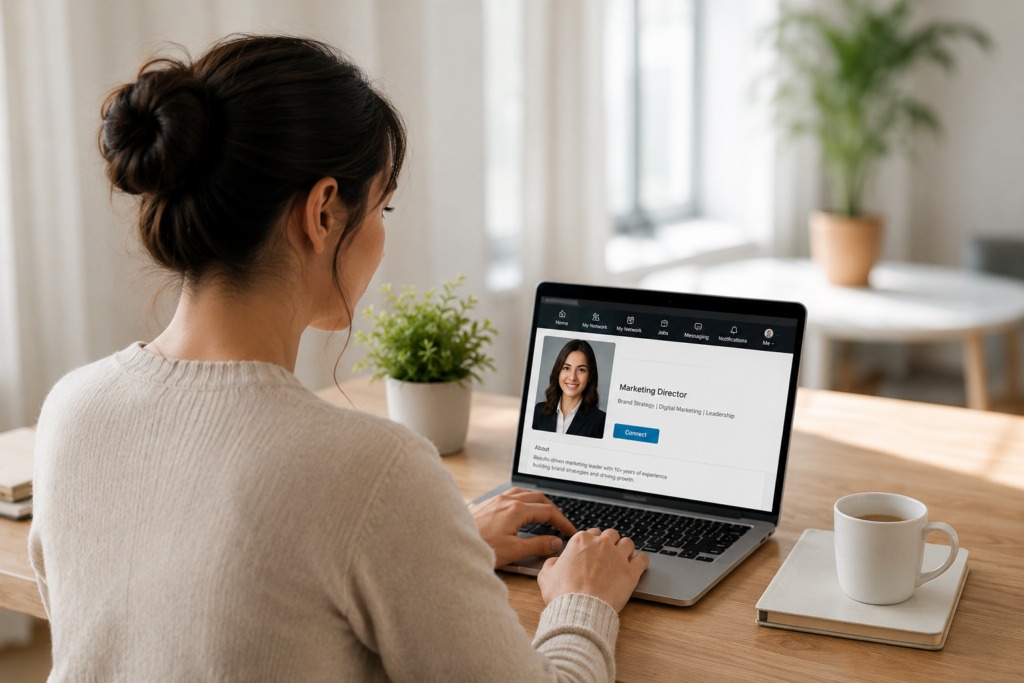 woman reviewing professional headshot profile online