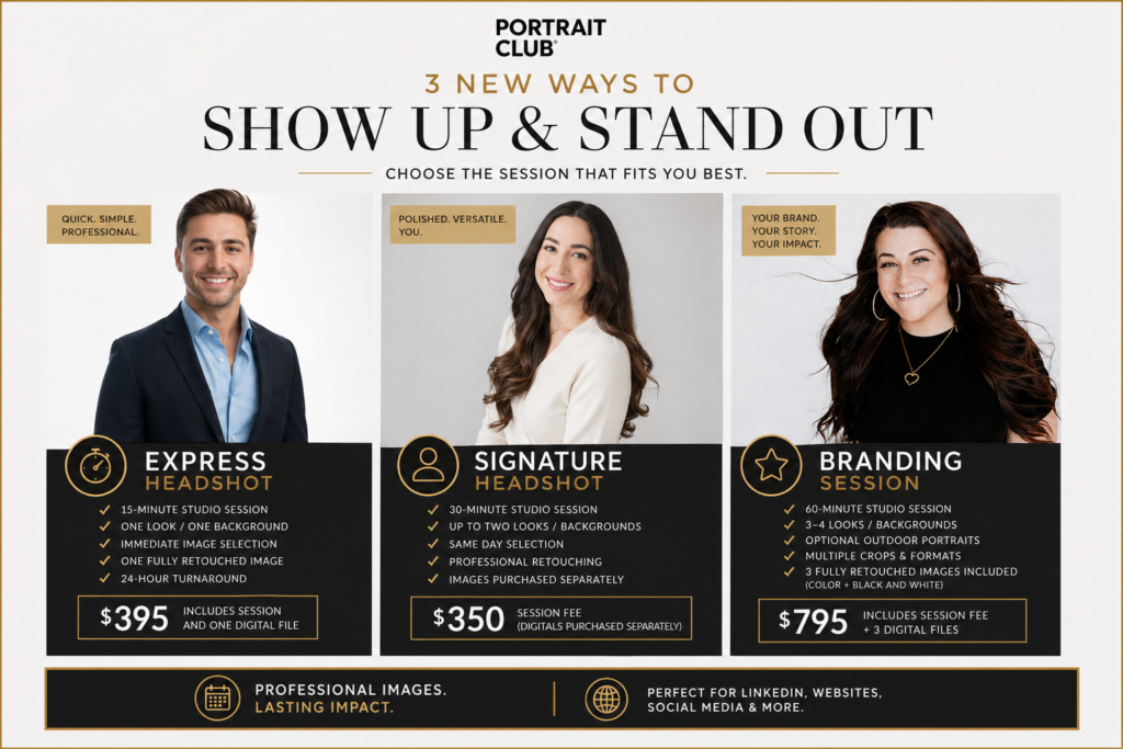  Portrait Club professional headshot session options in Baltimore including Express, Signature, and Branding sessions
